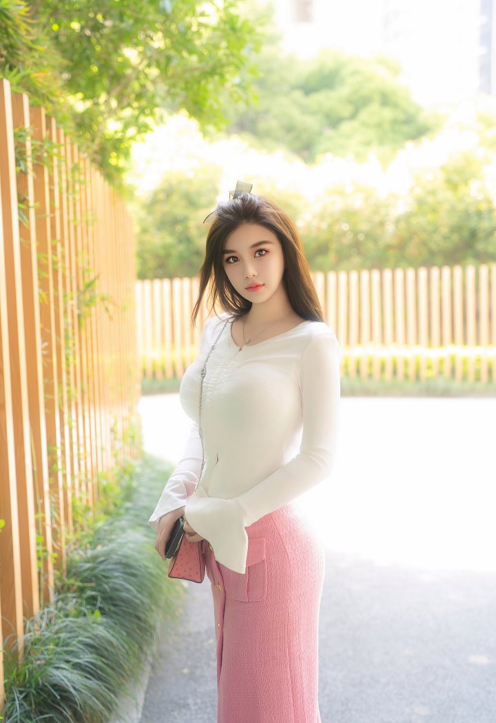 Full body portrait of an Asian girl in elegant casual wear, standing in natural lighting